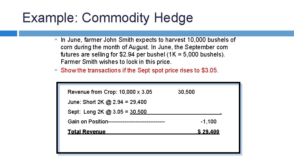 Example: Commodity Hedge In June, farmer John Smith expects to harvest 10, 000 bushels