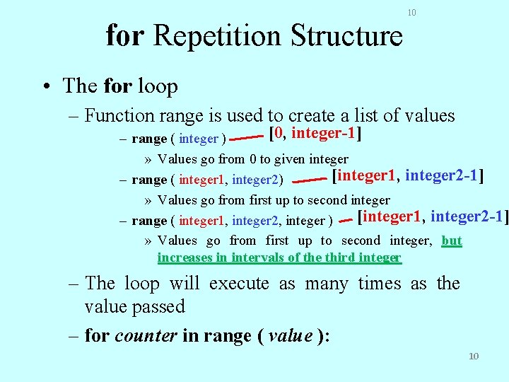 for Repetition Structure 10 • The for loop – Function range is used to