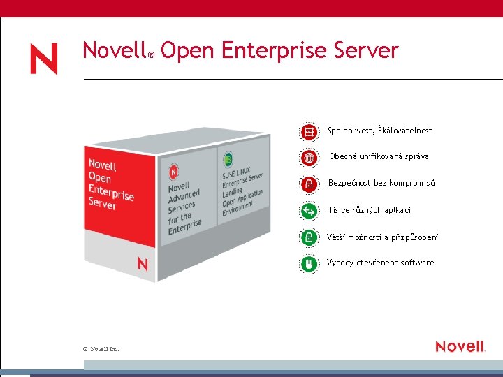 Novell® Open Enterprise Server Spolehlivost, Škálovatelnost Obecná unifikovaná správa Bezpečnost bez kompromisů Tisíce různých