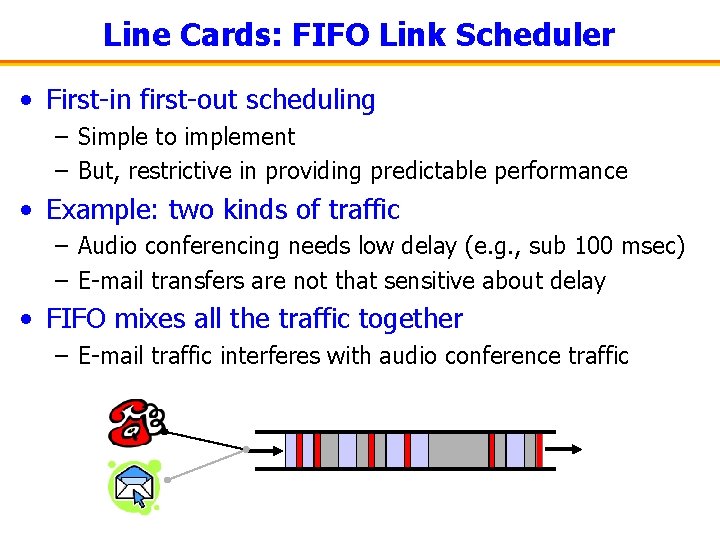 Line Cards: FIFO Link Scheduler • First-in first-out scheduling – Simple to implement –