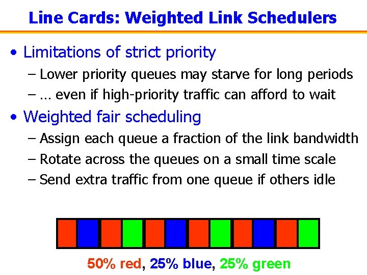Line Cards: Weighted Link Schedulers • Limitations of strict priority – Lower priority queues