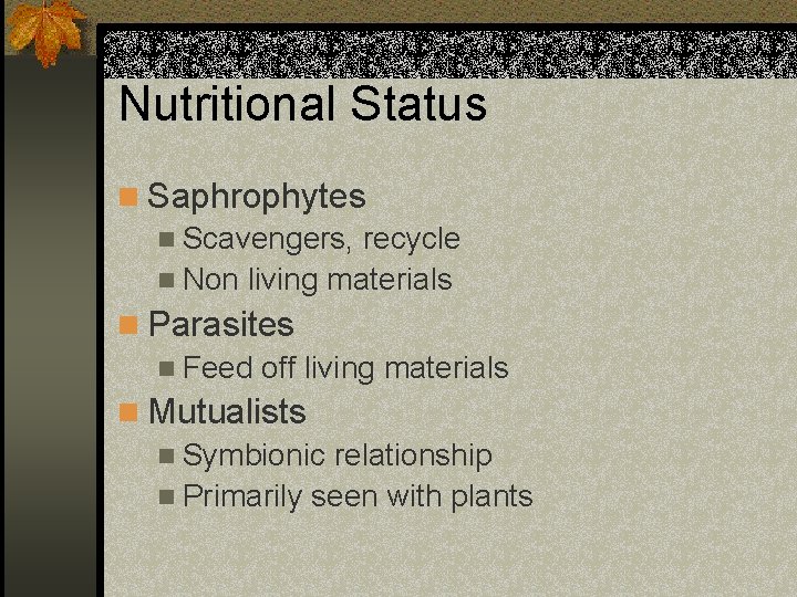 Nutritional Status n Saphrophytes n Scavengers, recycle n Non living materials n Parasites n