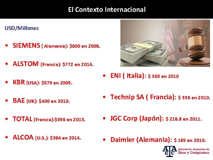 El Contexto Internacional USD/Millones • SIEMENS ( Alemania): $800 en 2008. • ALSTOM (Francia):