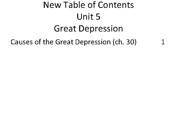 New Table of Contents Unit 5 Great Depression Causes of the Great Depression (ch.