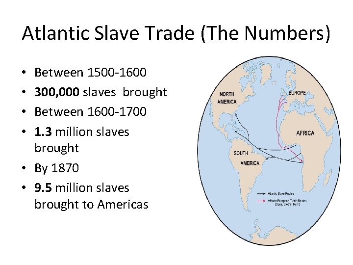 Atlantic Slave Trade (The Numbers) Between 1500 -1600 300, 000 slaves brought Between 1600