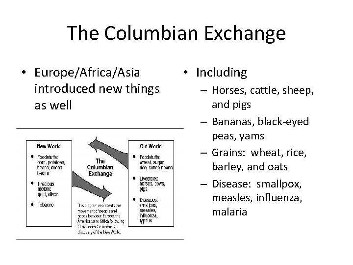 The Columbian Exchange • Europe/Africa/Asia introduced new things as well • Including – Horses,