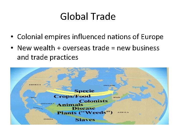 Global Trade • Colonial empires influenced nations of Europe • New wealth + overseas