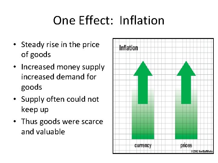 One Effect: Inflation • Steady rise in the price of goods • Increased money