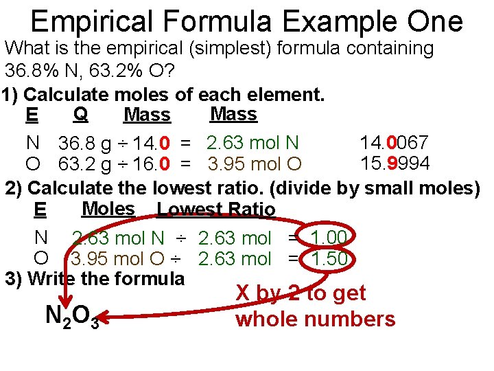 Empirical Formula Example One What is the empirical (simplest) formula containing 36. 8% N,
