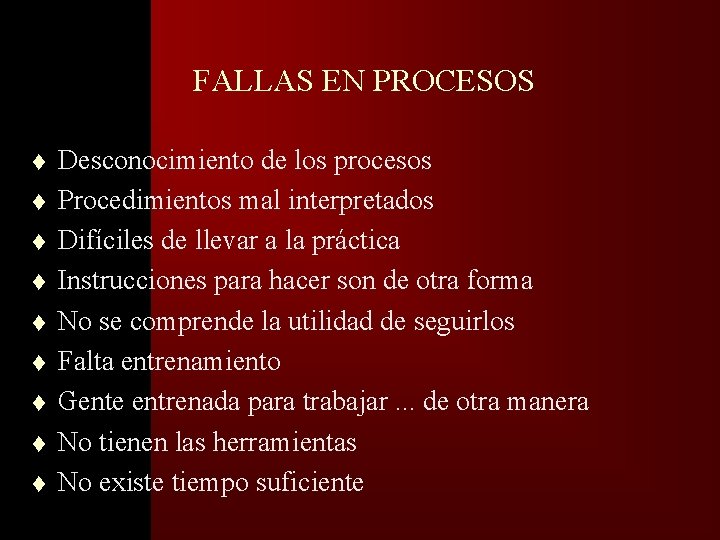 �� FALLAS EN PROCESOS t t t t t Desconocimiento de los procesos Procedimientos