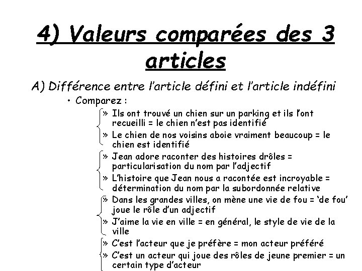 4) Valeurs comparées des 3 articles A) Différence entre l’article défini et l’article indéfini