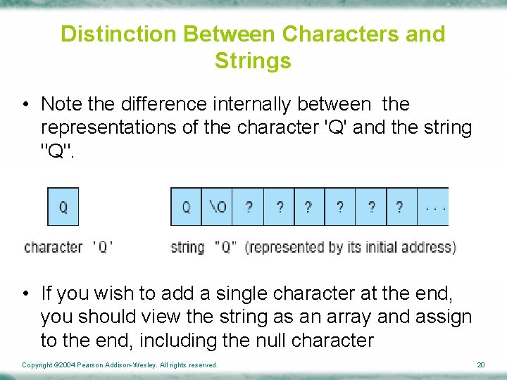 Distinction Between Characters and Strings • Note the difference internally between the representations of