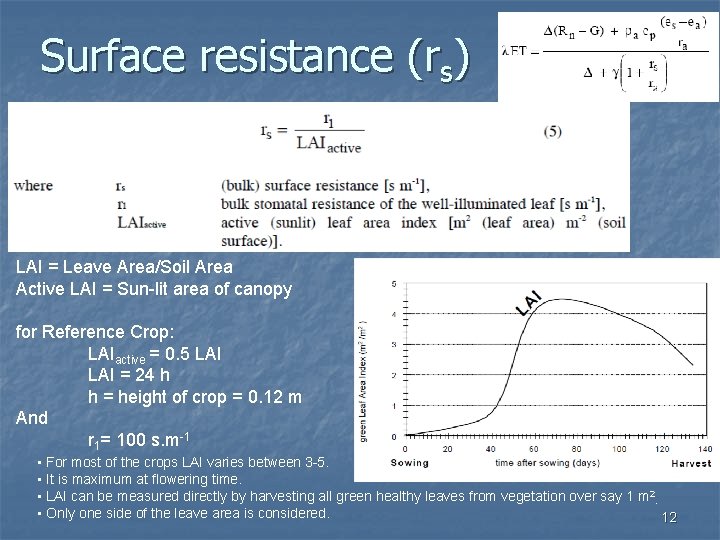 Surface resistance (rs) LAI = Leave Area/Soil Area Active LAI = Sun-lit area of