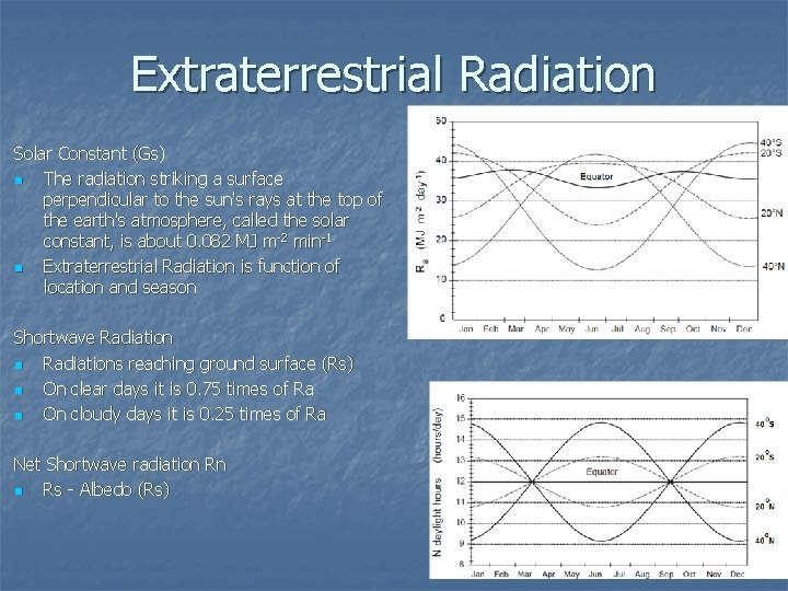 Extraterrestrial Radiation Solar Constant (Gs) n The radiation striking a surface perpendicular to the