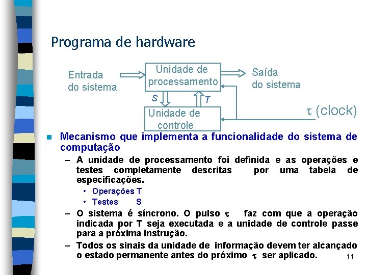 Programa de hardware Entrada do sistema Unidade de processamento S Saída do sistema T