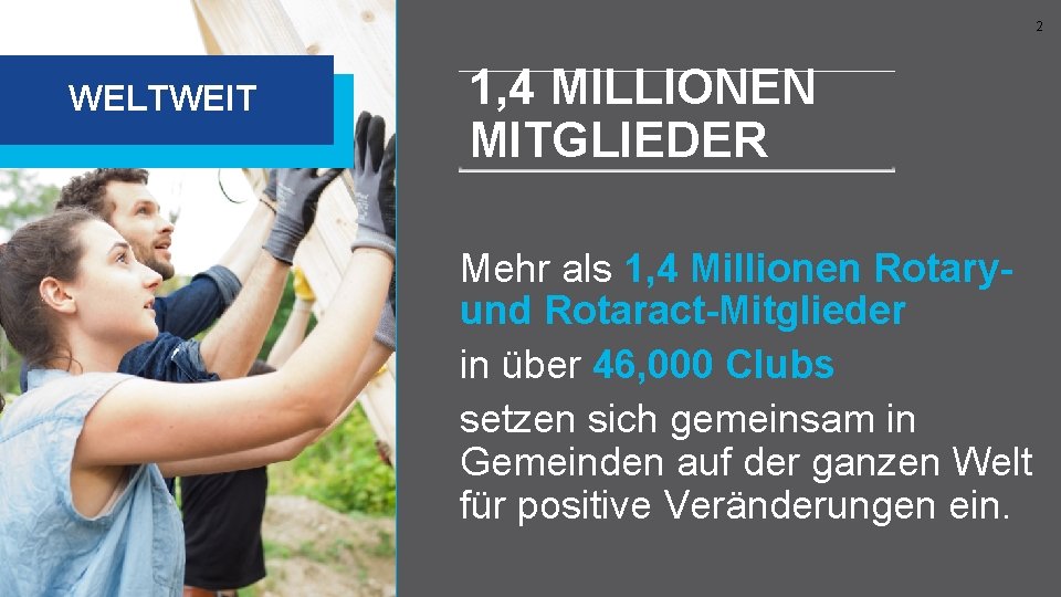 2 WELTWEIT 1, 4 MILLIONEN MITGLIEDER Mehr als 1, 4 Millionen Rotaryund Rotaract-Mitglieder in