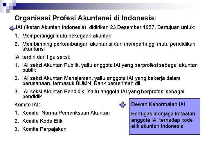 Organisasi Profesi Akuntansi di Indonesia: IAI (Ikatan Akuntan Indonesia), didirikan 23 Desember 1957. Bertujuan