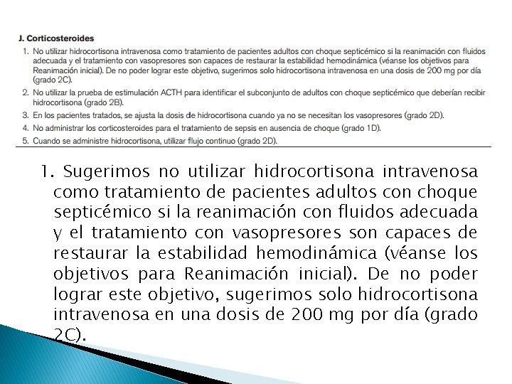 1. Sugerimos no utilizar hidrocortisona intravenosa como tratamiento de pacientes adultos con choque septicémico