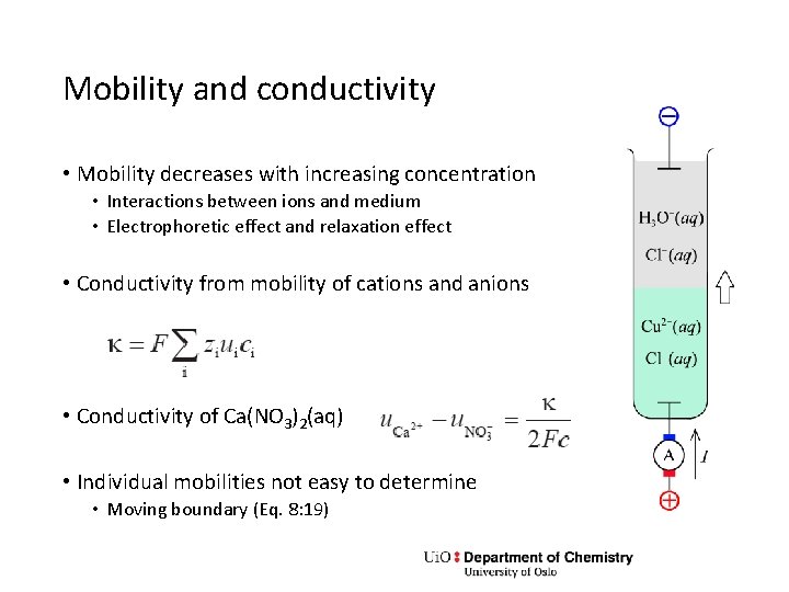 Mobility and conductivity • Mobility decreases with increasing concentration • Interactions between ions and