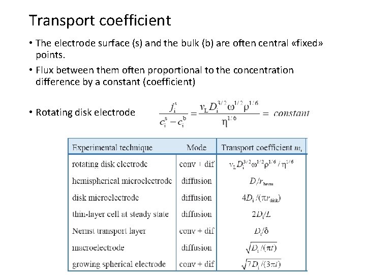 Transport coefficient • The electrode surface (s) and the bulk (b) are often central