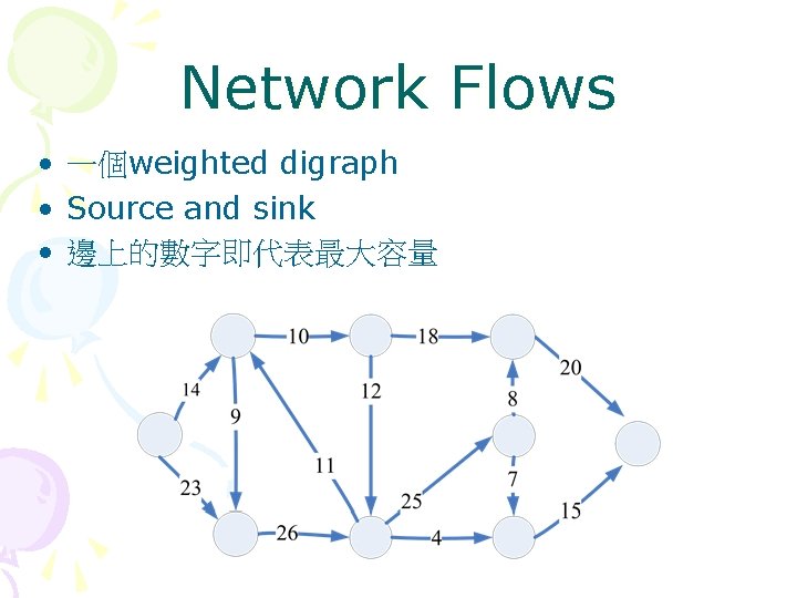 Network Flows • 一個weighted digraph • Source and sink • 邊上的數字即代表最大容量 