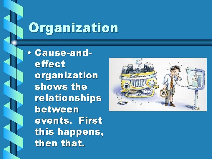 Organization • Cause-andeffect organization shows the relationships between events. First this happens, then that.