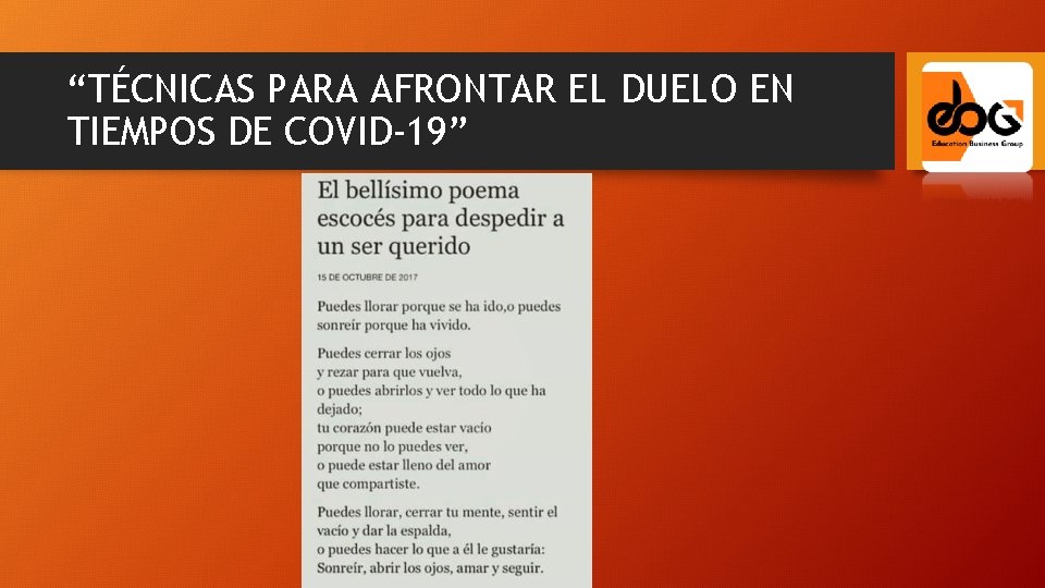 “TÉCNICAS PARA AFRONTAR EL DUELO EN TIEMPOS DE COVID-19” 