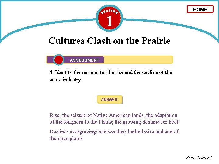 1 HOME Cultures Clash on the Prairie ASSESSMENT 4. Identify the reasons for the