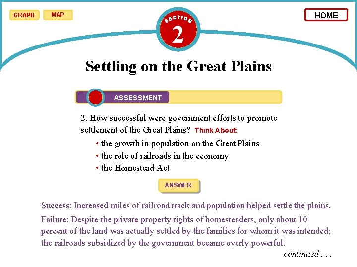 GRAPH MAP 2 HOME Settling on the Great Plains ASSESSMENT 2. How successful were