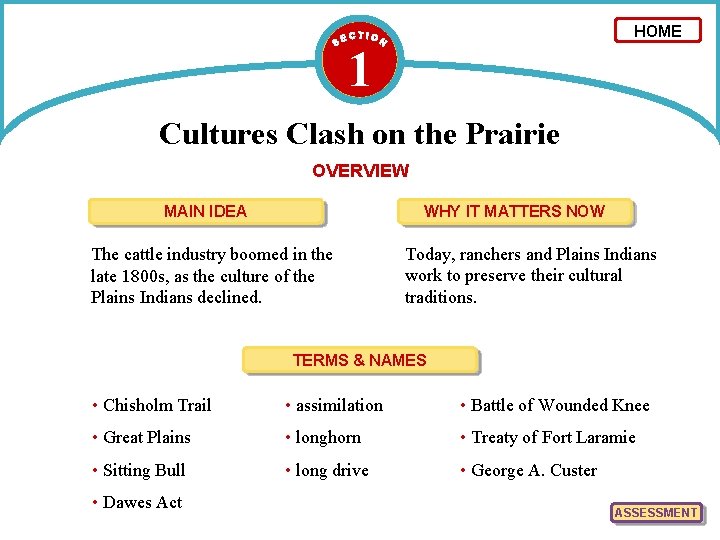 HOME 1 Cultures Clash on the Prairie OVERVIEW MAIN IDEA WHY IT MATTERS NOW