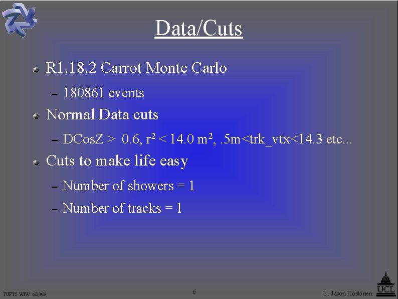 Data/Cuts R 1. 18. 2 Carrot Monte Carlo – 180861 events Normal Data cuts