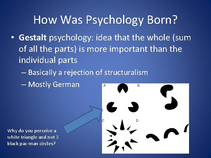 How Was Psychology Born? • Gestalt psychology: idea that the whole (sum of all