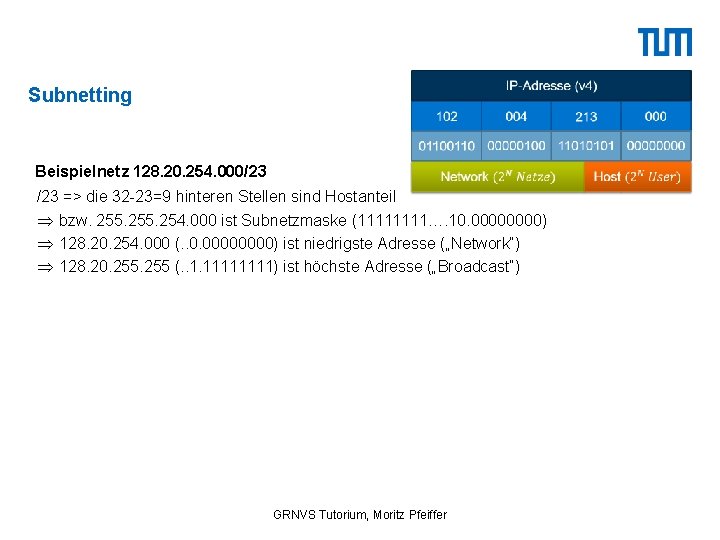 Subnetting Beispielnetz 128. 20. 254. 000/23 => die 32 -23=9 hinteren Stellen sind Hostanteil