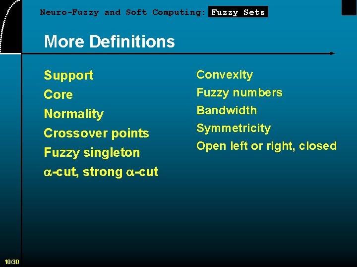 Neuro-Fuzzy and Soft Computing: Fuzzy Sets More Definitions Support Convexity Core Fuzzy numbers Bandwidth