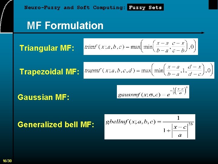 Neuro-Fuzzy and Soft Computing: Fuzzy Sets MF Formulation Triangular MF: Trapezoidal MF: Gaussian MF: