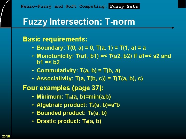 Neuro-Fuzzy and Soft Computing: Fuzzy Sets Fuzzy Intersection: T-norm Basic requirements: • Boundary: T(0,