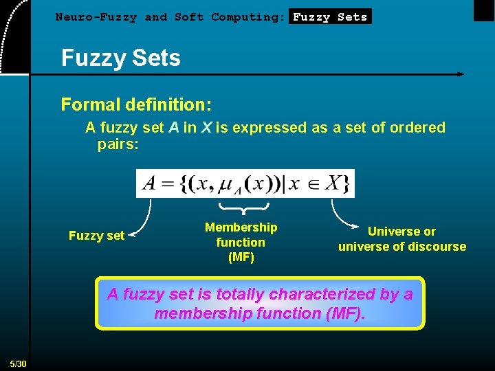 Neuro-Fuzzy and Soft Computing: Fuzzy Sets Formal definition: A fuzzy set A in X
