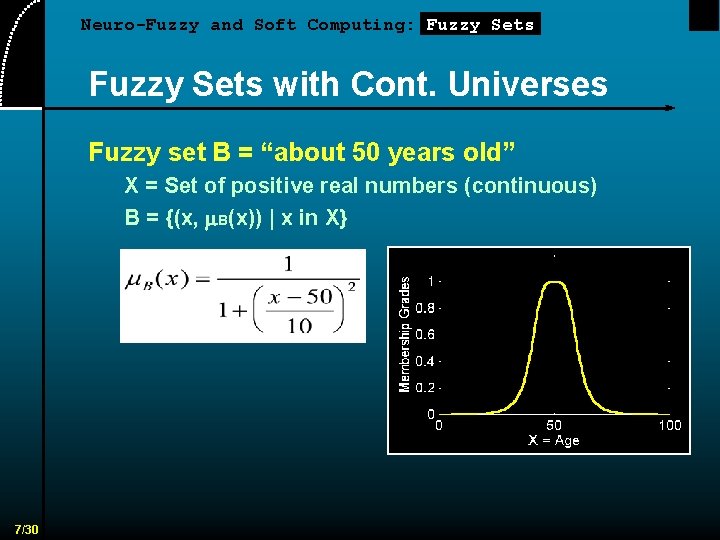 Neuro-Fuzzy and Soft Computing: Fuzzy Sets with Cont. Universes Fuzzy set B = “about