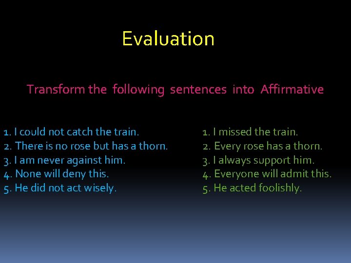 Evaluation Transform the following sentences into Affirmative 1. I could not catch the train.