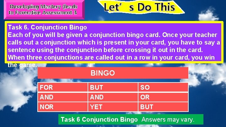 Let’s Do This Developing Mastery (leads to Formative Assessment 3 Task 6. Conjunction Bingo