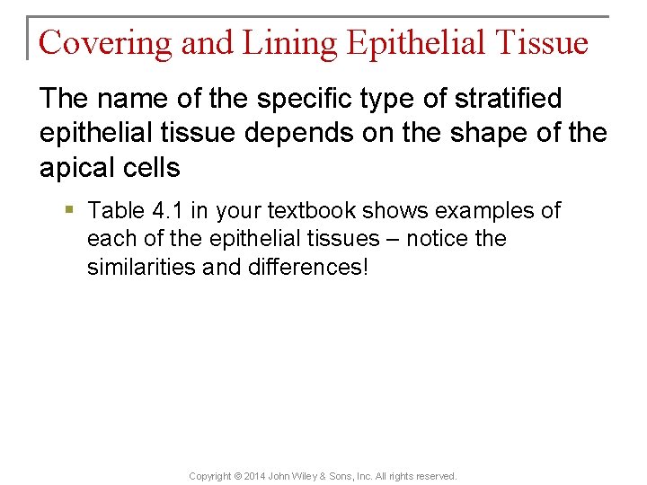 Covering and Lining Epithelial Tissue The name of the specific type of stratified epithelial