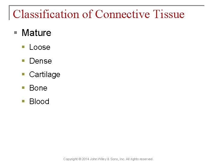 Classification of Connective Tissue § Mature § Loose § Dense § Cartilage § Bone