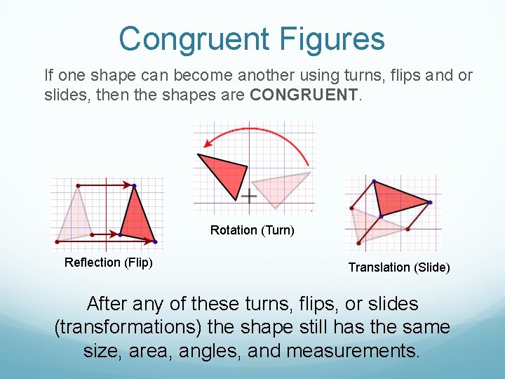 Congruent Figures If one shape can become another using turns, flips and or slides,