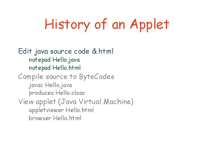 History of an Applet Edit java source code & html notepad Hello. java notepad