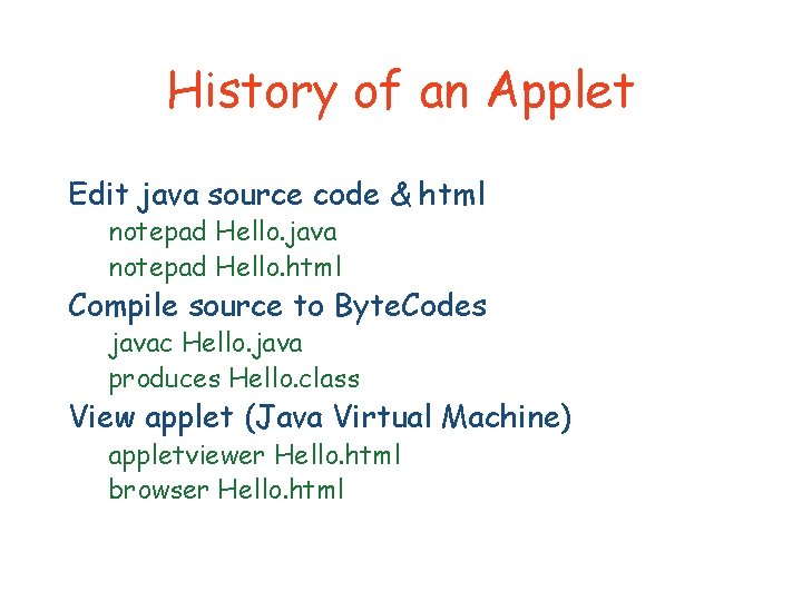 History of an Applet Edit java source code & html notepad Hello. java notepad