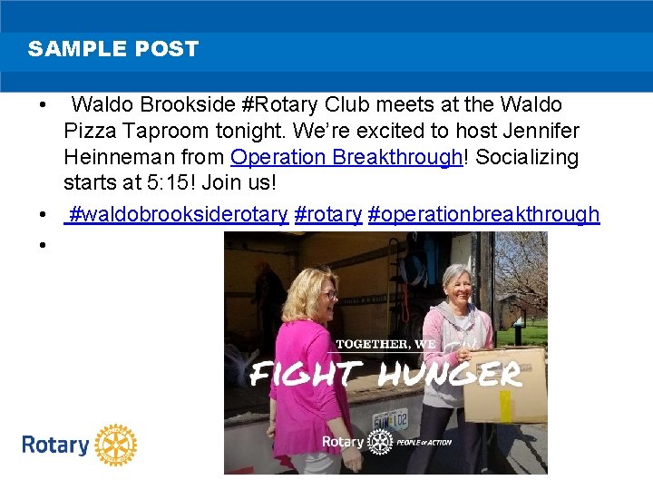 SAMPLE POST • Waldo Brookside #Rotary Club meets at the Waldo Pizza Taproom tonight.