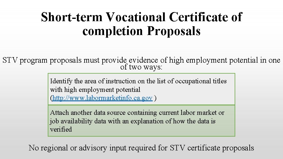 Short-term Vocational Certificate of completion Proposals STV program proposals must provide evidence of high