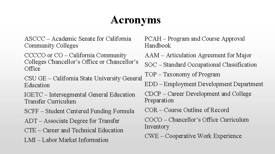 Acronyms ASCCC – Academic Senate for California Community Colleges PCAH – Program and Course