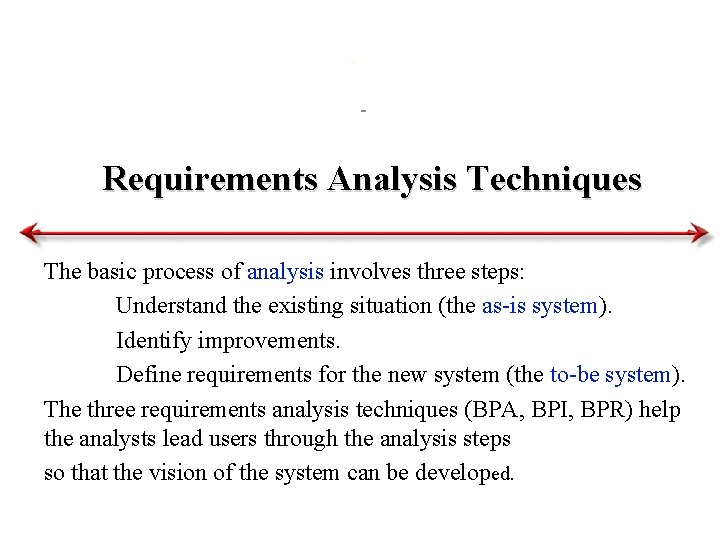 Requirements Analysis Techniques The basic process of analysis involves three steps: Understand the existing