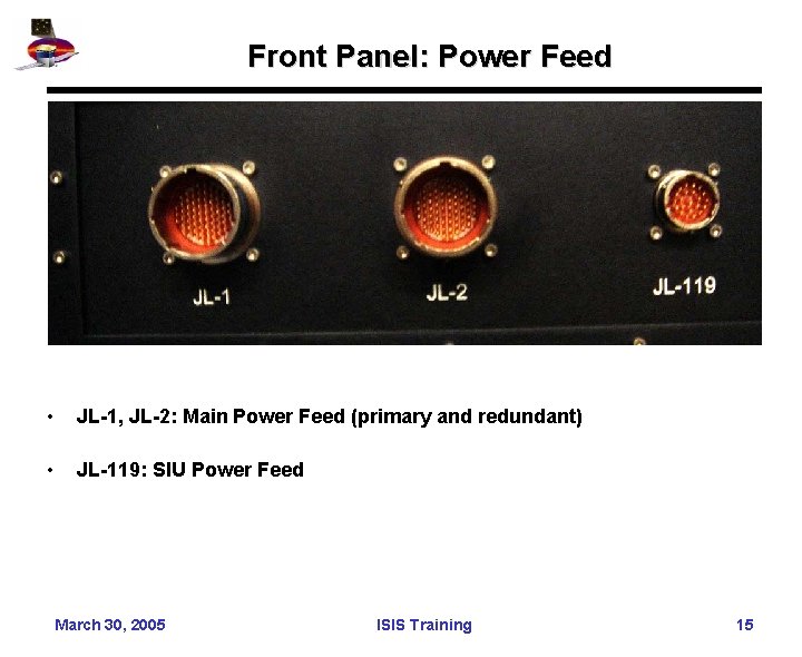 Front Panel: Power Feed • JL-1, JL-2: Main Power Feed (primary and redundant) •